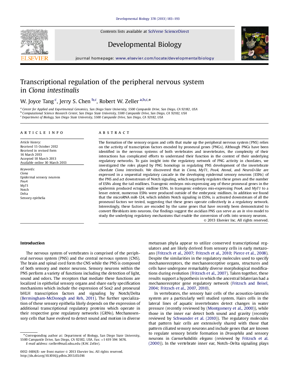 Transcriptional regulation of the peripheral nervous system in Ciona intestinalis