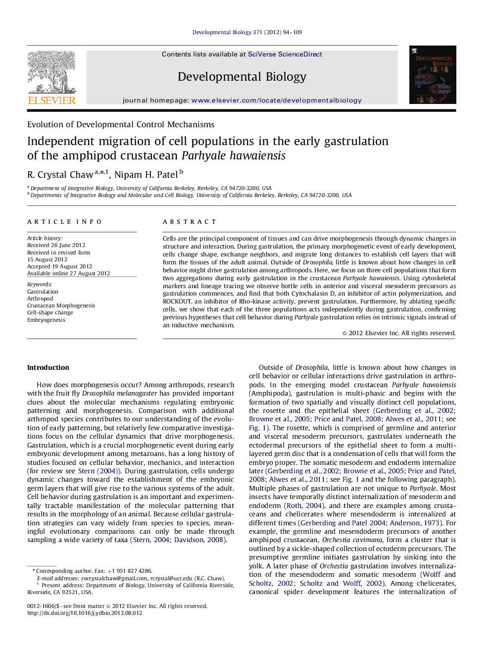 Independent migration of cell populations in the early gastrulation of the amphipod crustacean Parhyale hawaiensis