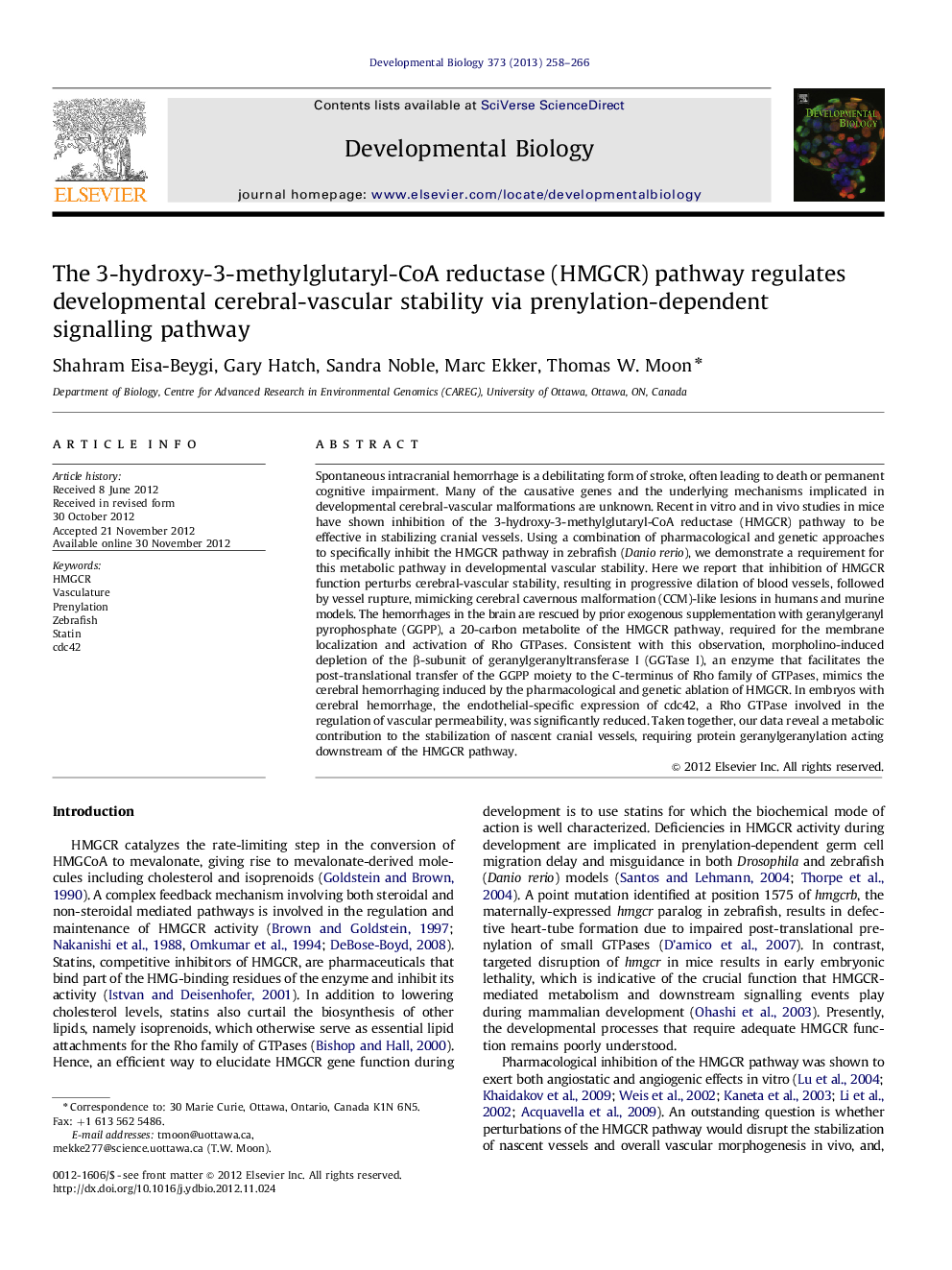 The 3-hydroxy-3-methylglutaryl-CoA reductase (HMGCR) pathway regulates developmental cerebral-vascular stability via prenylation-dependent signalling pathway