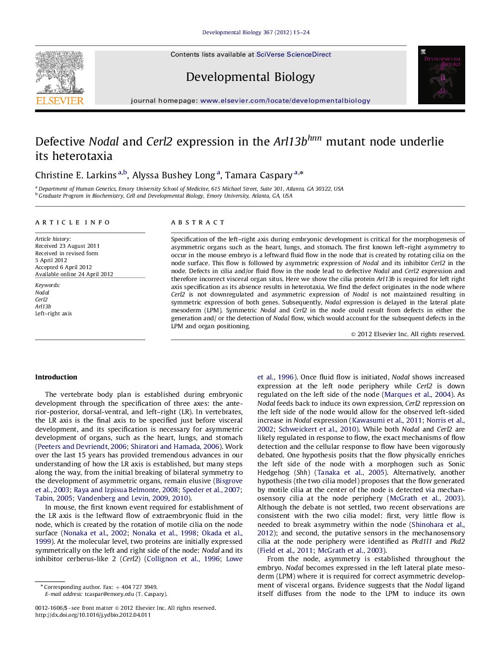 Defective Nodal and Cerl2 expression in the Arl13bhnn mutant node underlie its heterotaxia