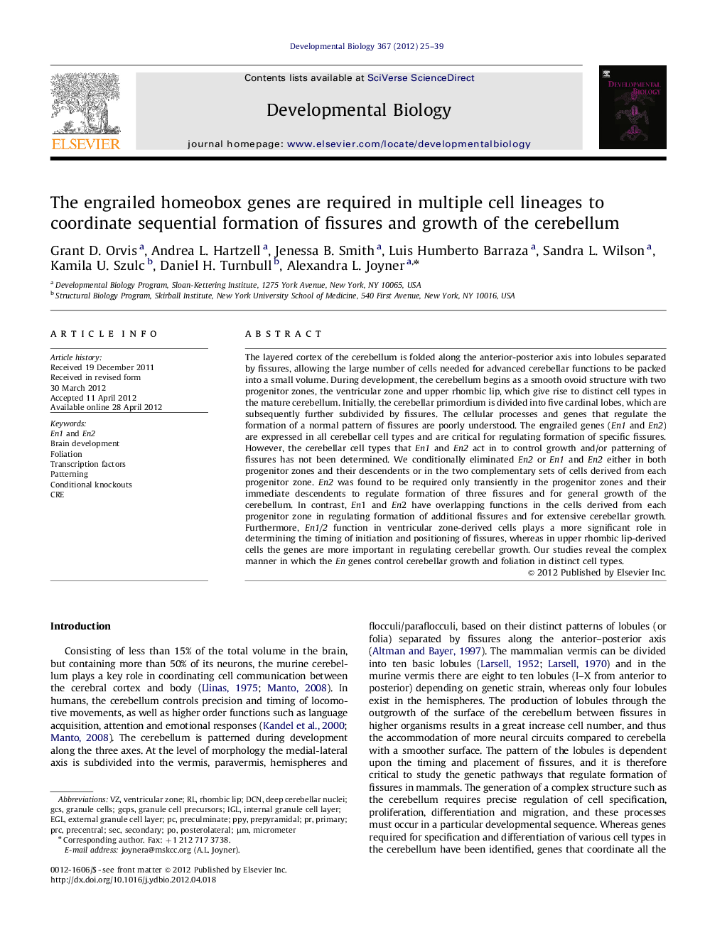 The engrailed homeobox genes are required in multiple cell lineages to coordinate sequential formation of fissures and growth of the cerebellum