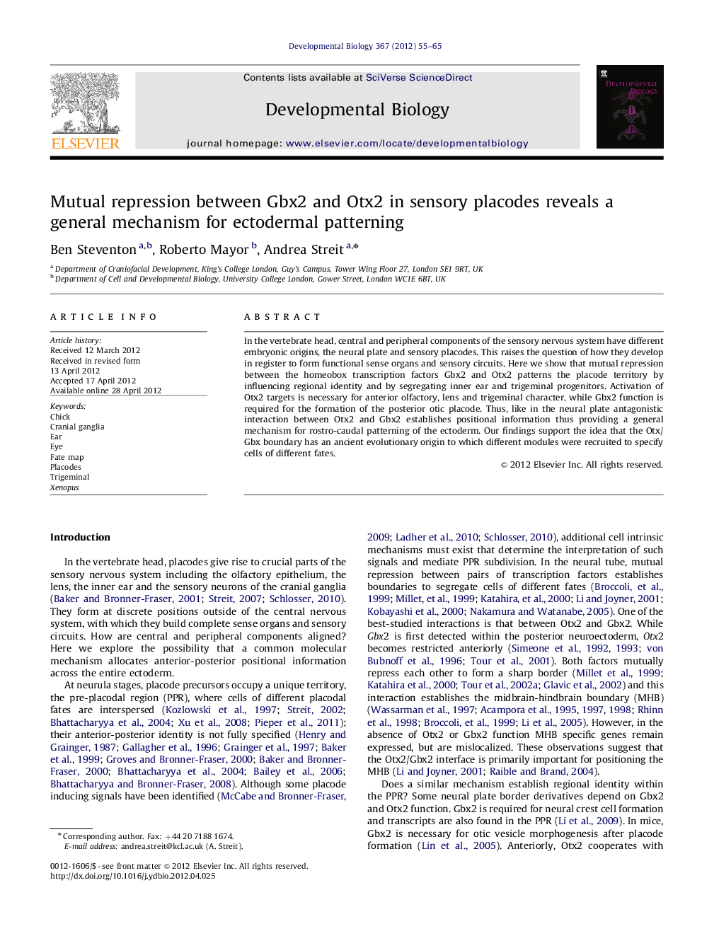 Mutual repression between Gbx2 and Otx2 in sensory placodes reveals a general mechanism for ectodermal patterning