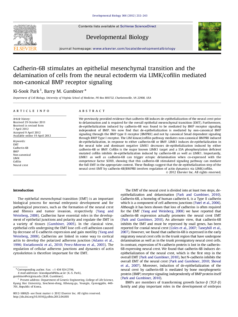 Cadherin-6B stimulates an epithelial mesenchymal transition and the delamination of cells from the neural ectoderm via LIMK/cofilin mediated non-canonical BMP receptor signaling