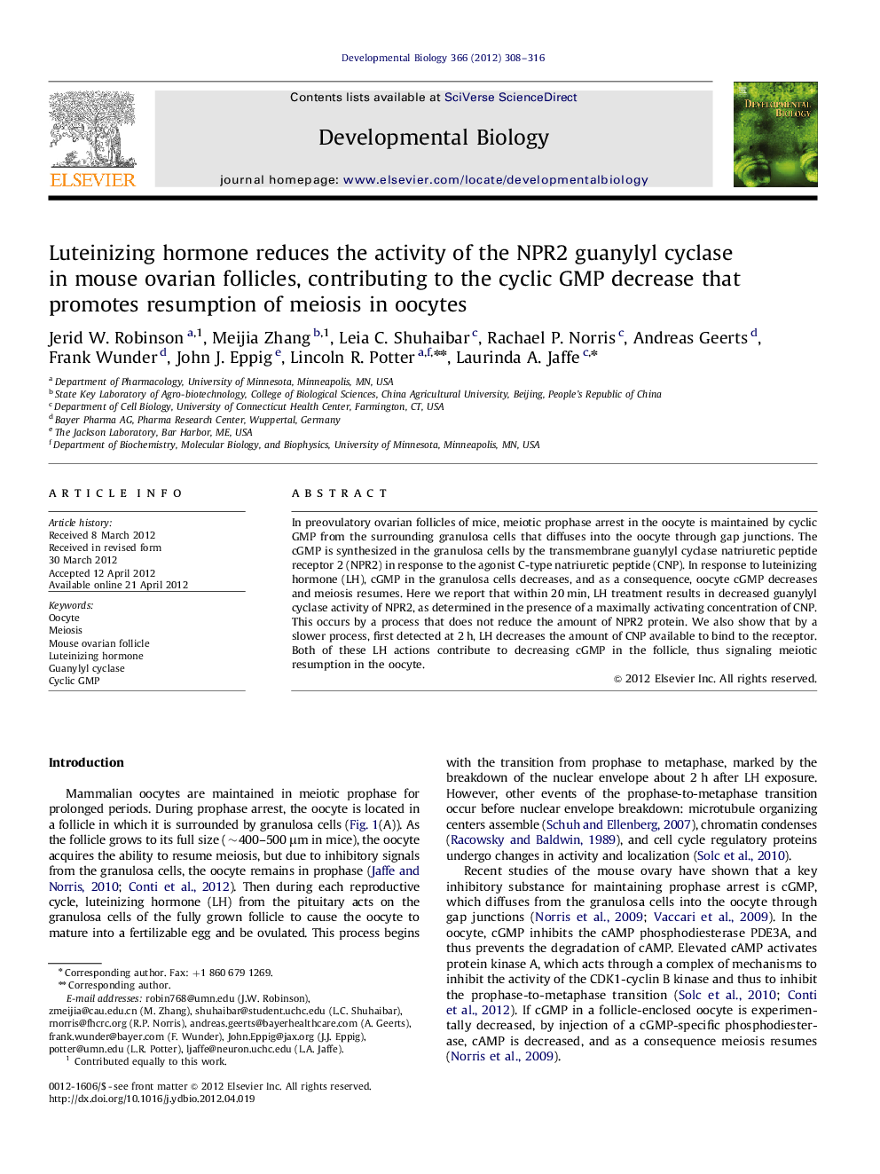 Luteinizing hormone reduces the activity of the NPR2 guanylyl cyclase in mouse ovarian follicles, contributing to the cyclic GMP decrease that promotes resumption of meiosis in oocytes