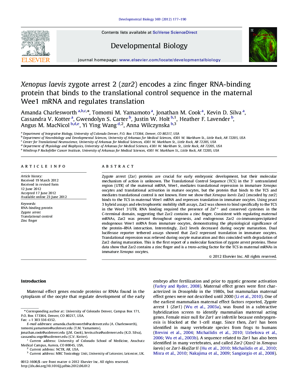 Xenopus laevis zygote arrest 2 (zar2) encodes a zinc finger RNA-binding protein that binds to the translational control sequence in the maternal Wee1 mRNA and regulates translation