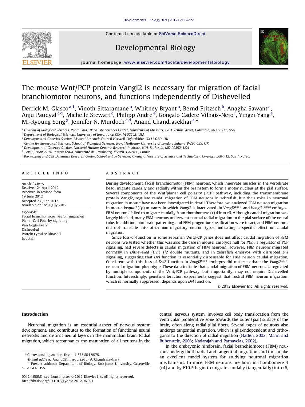 The mouse Wnt/PCP protein Vangl2 is necessary for migration of facial branchiomotor neurons, and functions independently of Dishevelled