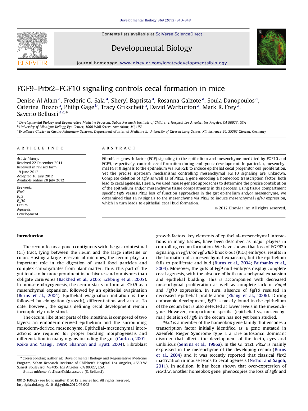 FGF9-Pitx2-FGF10 signaling controls cecal formation in mice