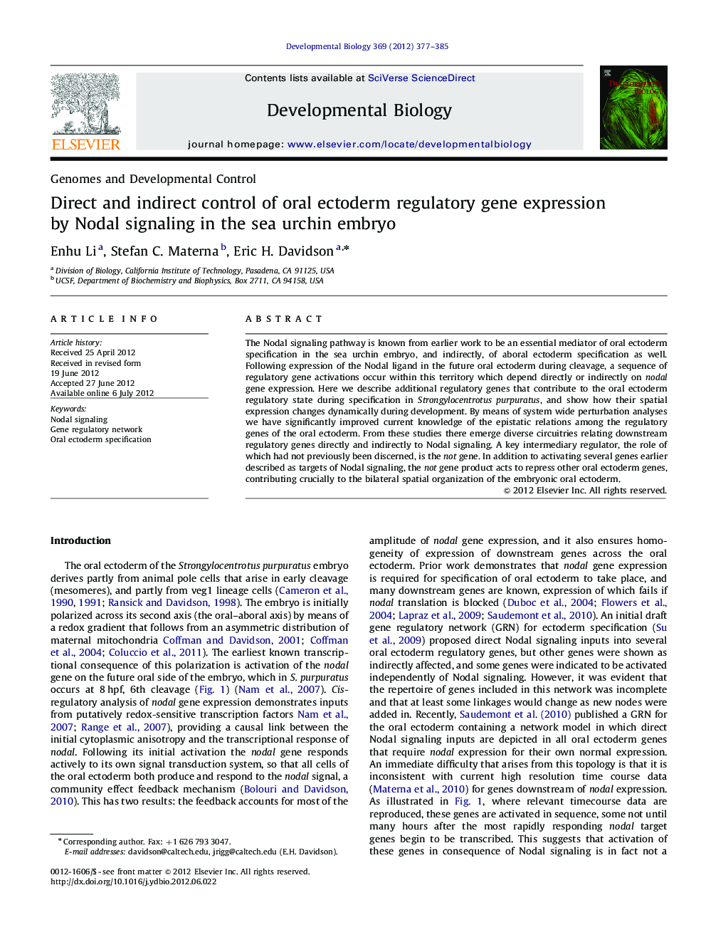 Direct and indirect control of oral ectoderm regulatory gene expression by Nodal signaling in the sea urchin embryo