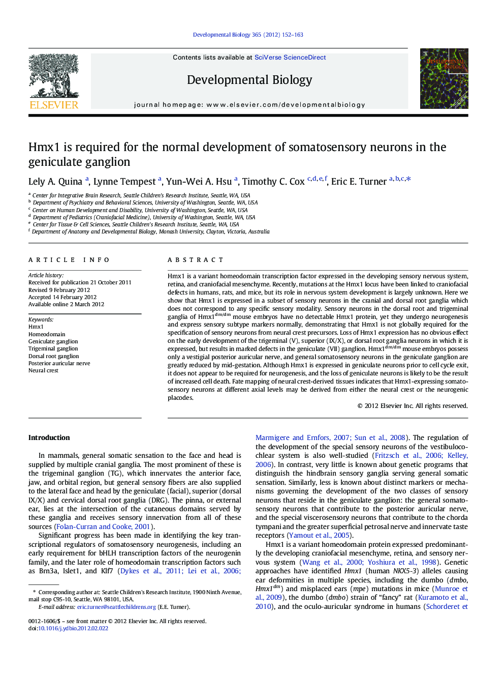 Hmx1 is required for the normal development of somatosensory neurons in the geniculate ganglion