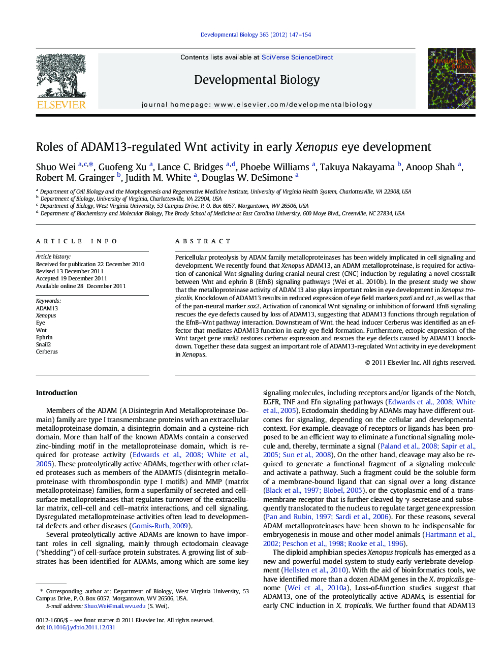 عکس صفحه اول مقاله: Roles of ADAM13-regulated Wnt activity in early Xenopus eye development Roles of ADAM13-regulated Wnt activity in early Xenopus eye development