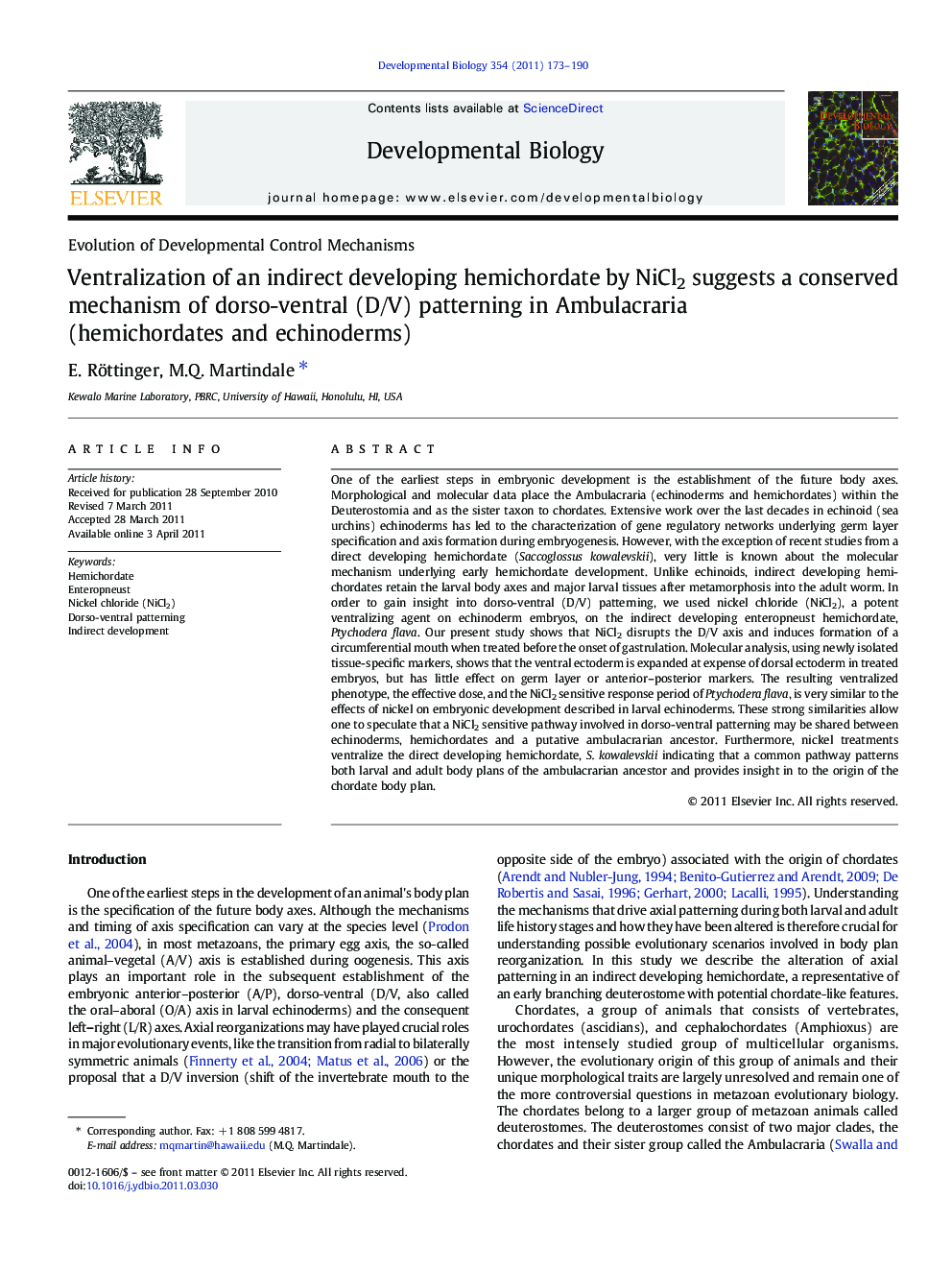 Ventralization of an indirect developing hemichordate by NiCl2 suggests a conserved mechanism of dorso-ventral (D/V) patterning in Ambulacraria (hemichordates and echinoderms)