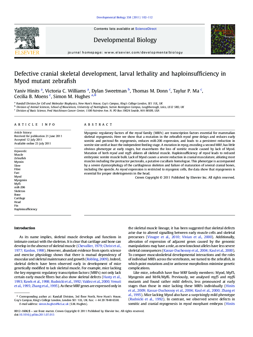 Defective cranial skeletal development, larval lethality and haploinsufficiency in Myod mutant zebrafish