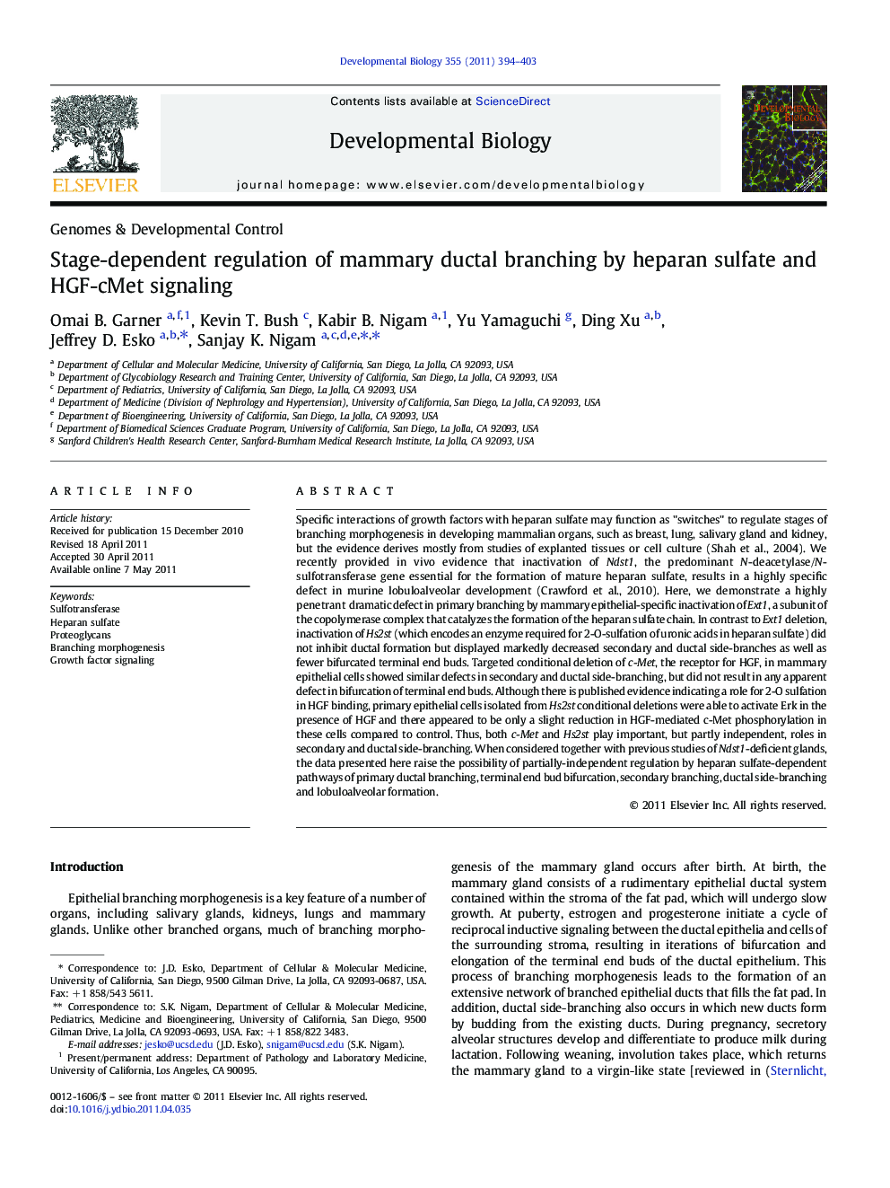 Stage-dependent regulation of mammary ductal branching by heparan sulfate and HGF-cMet signaling