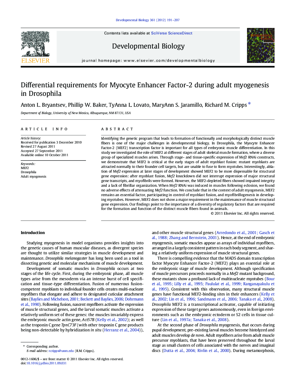 Differential requirements for Myocyte Enhancer Factor-2 during adult myogenesis in Drosophila