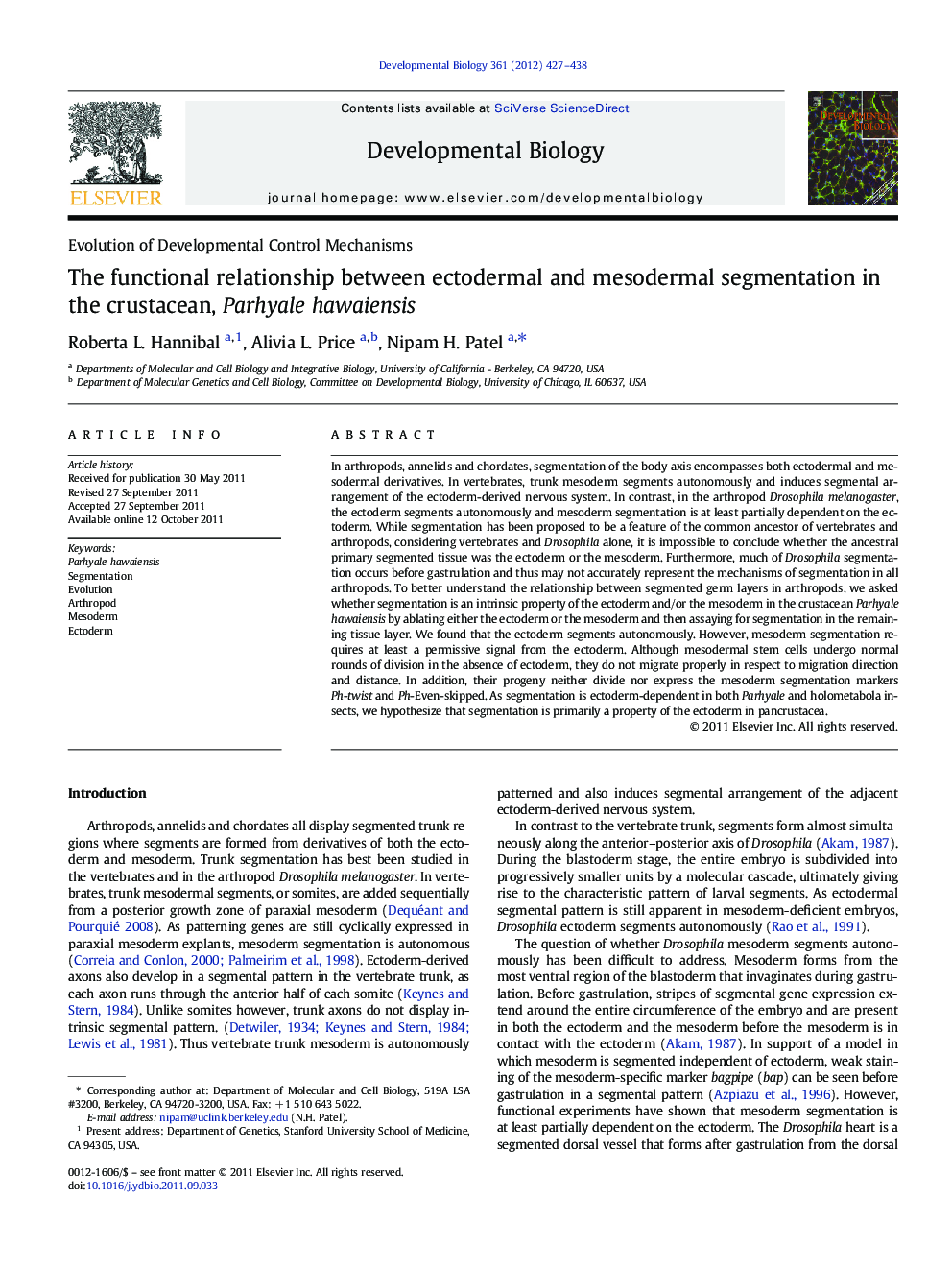 The functional relationship between ectodermal and mesodermal segmentation in the crustacean, Parhyale hawaiensis