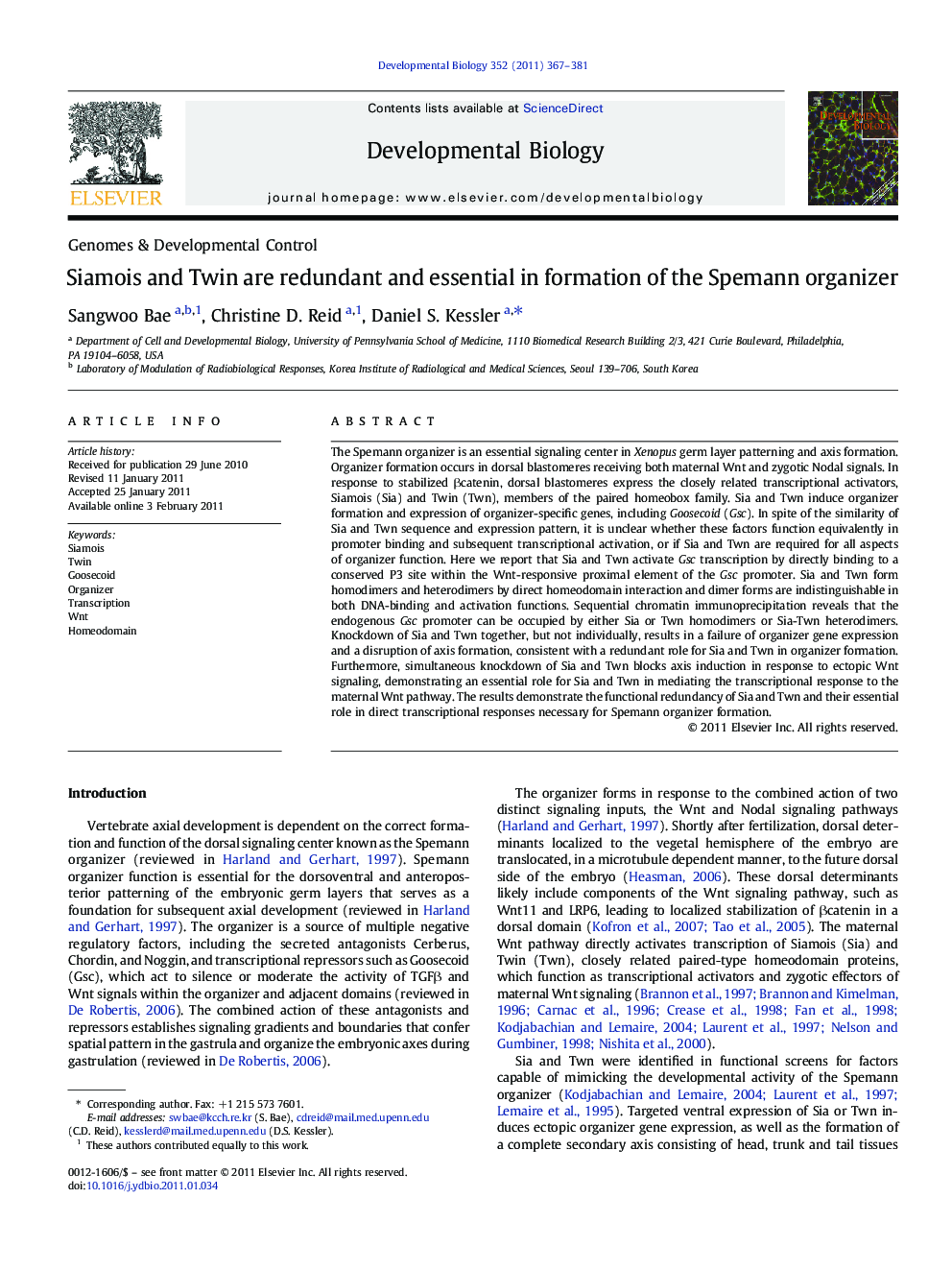 Siamois and Twin are redundant and essential in formation of the Spemann organizer