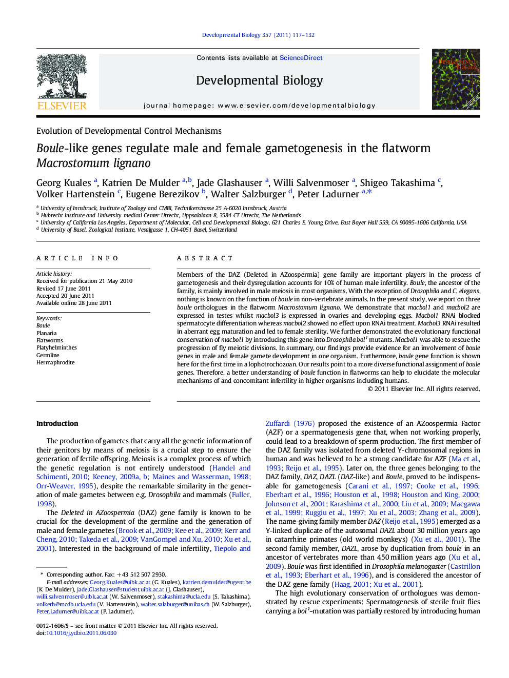 Boule-like genes regulate male and female gametogenesis in the flatworm Macrostomum lignano