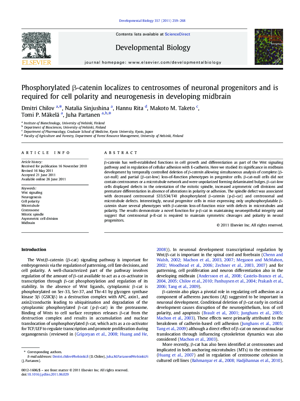 Phosphorylated Î²-catenin localizes to centrosomes of neuronal progenitors and is required for cell polarity and neurogenesis in developing midbrain