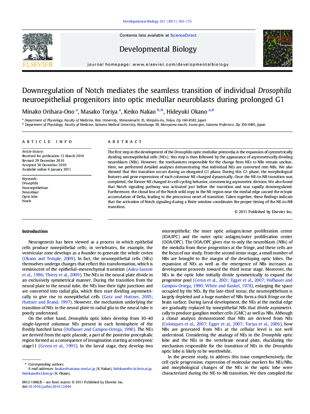 عکس صفحه اول مقاله: Downregulation of Notch mediates the seamless transition of individual Drosophila neuroepithelial progenitors into optic medullar neuroblasts during prolonged G1 Downregulation of Notch mediates the seamless transition of individual Drosophila neuroepithelial progenitors into optic medullar neuroblasts during prolonged G1