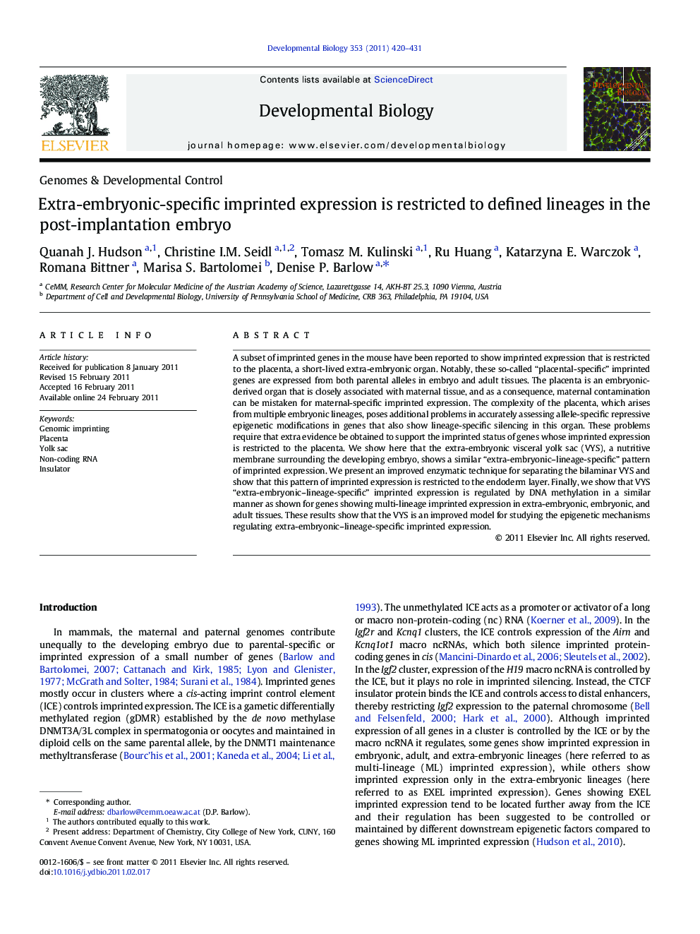 عکس صفحه اول مقاله: Extra-embryonic-specific imprinted expression is restricted to defined lineages in the post-implantation embryo Extra-embryonic-specific imprinted expression is restricted to defined lineages in the post-implantation embryo