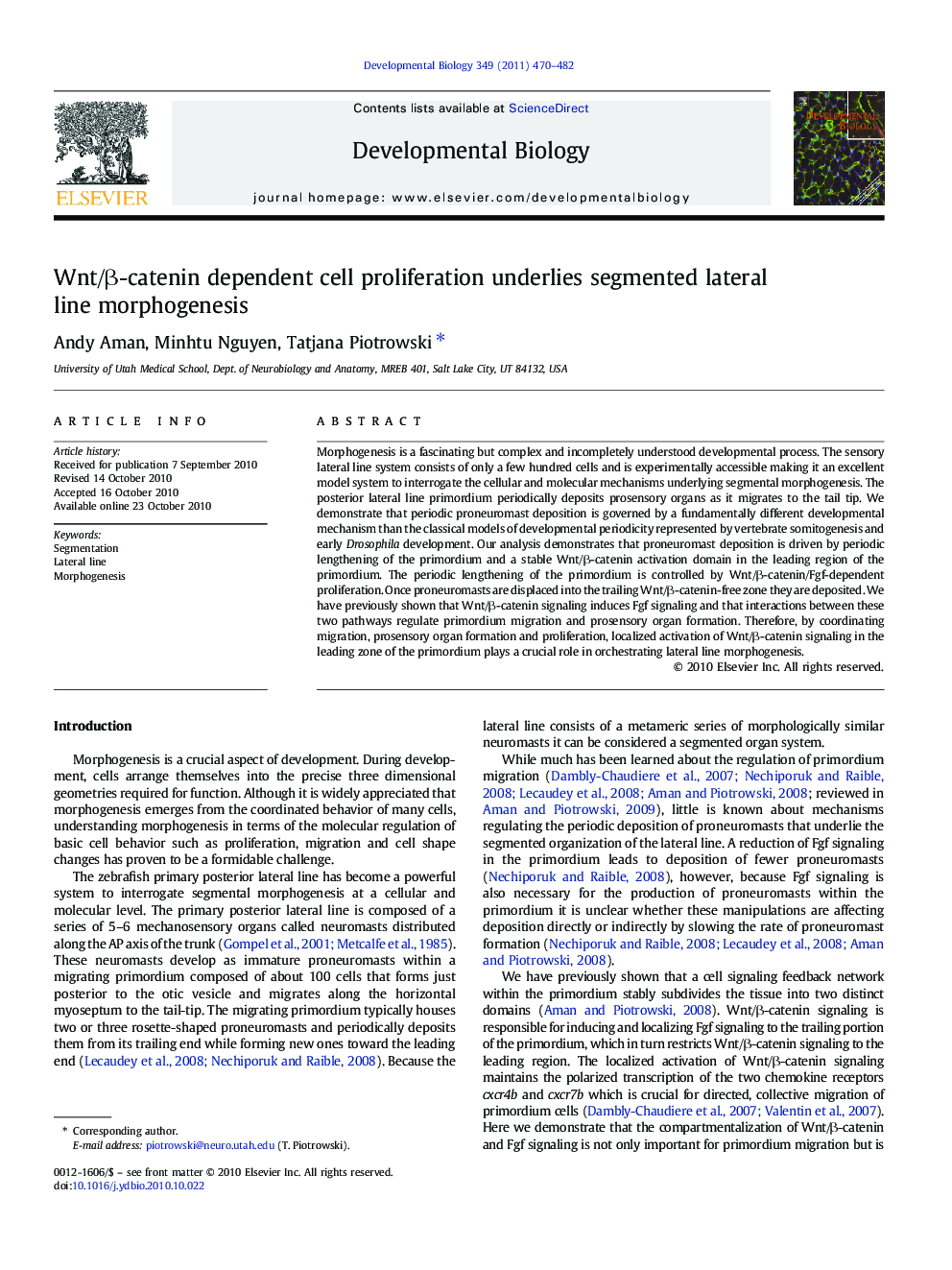 Wnt/Î²-catenin dependent cell proliferation underlies segmented lateral line morphogenesis