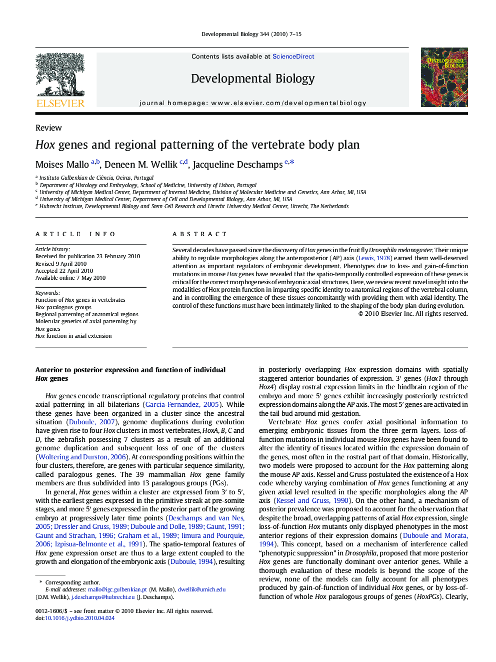 Hox genes and regional patterning of the vertebrate body plan