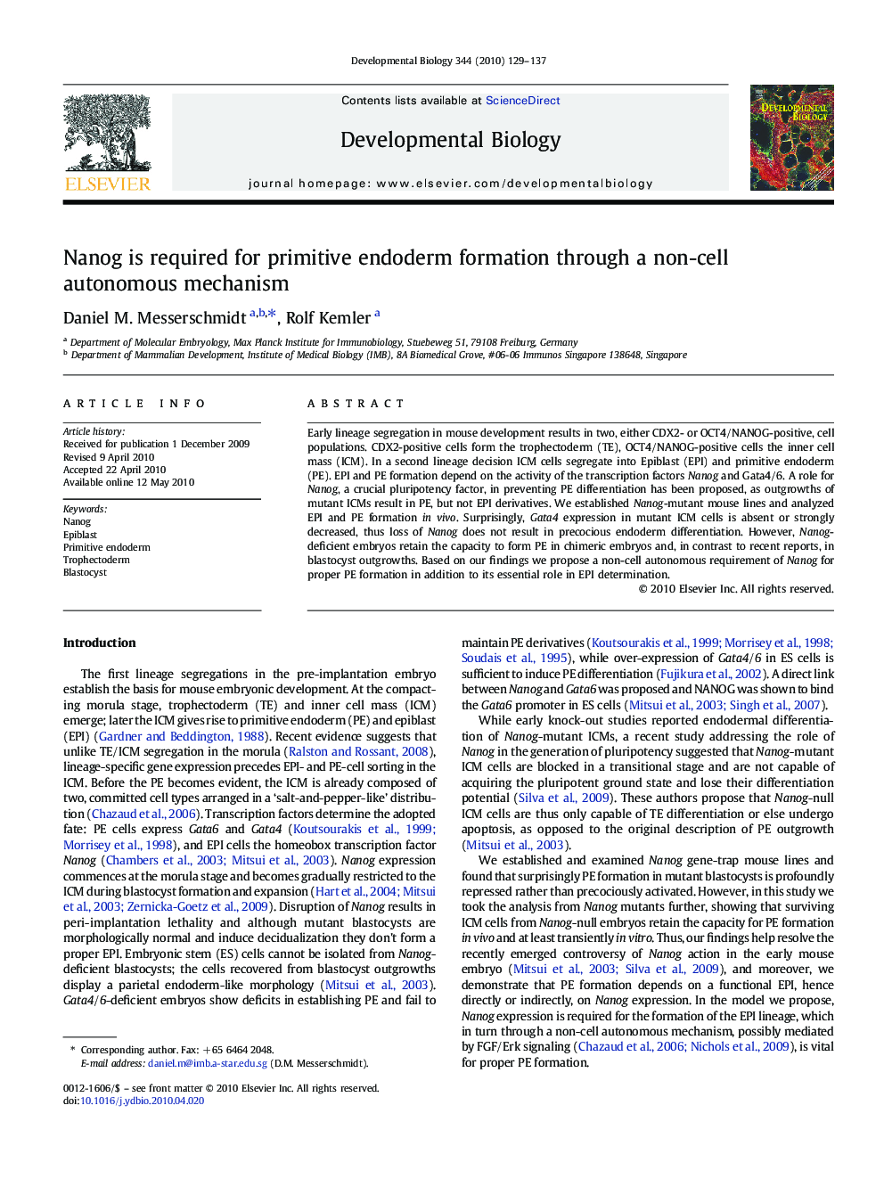 Nanog is required for primitive endoderm formation through a non-cell autonomous mechanism