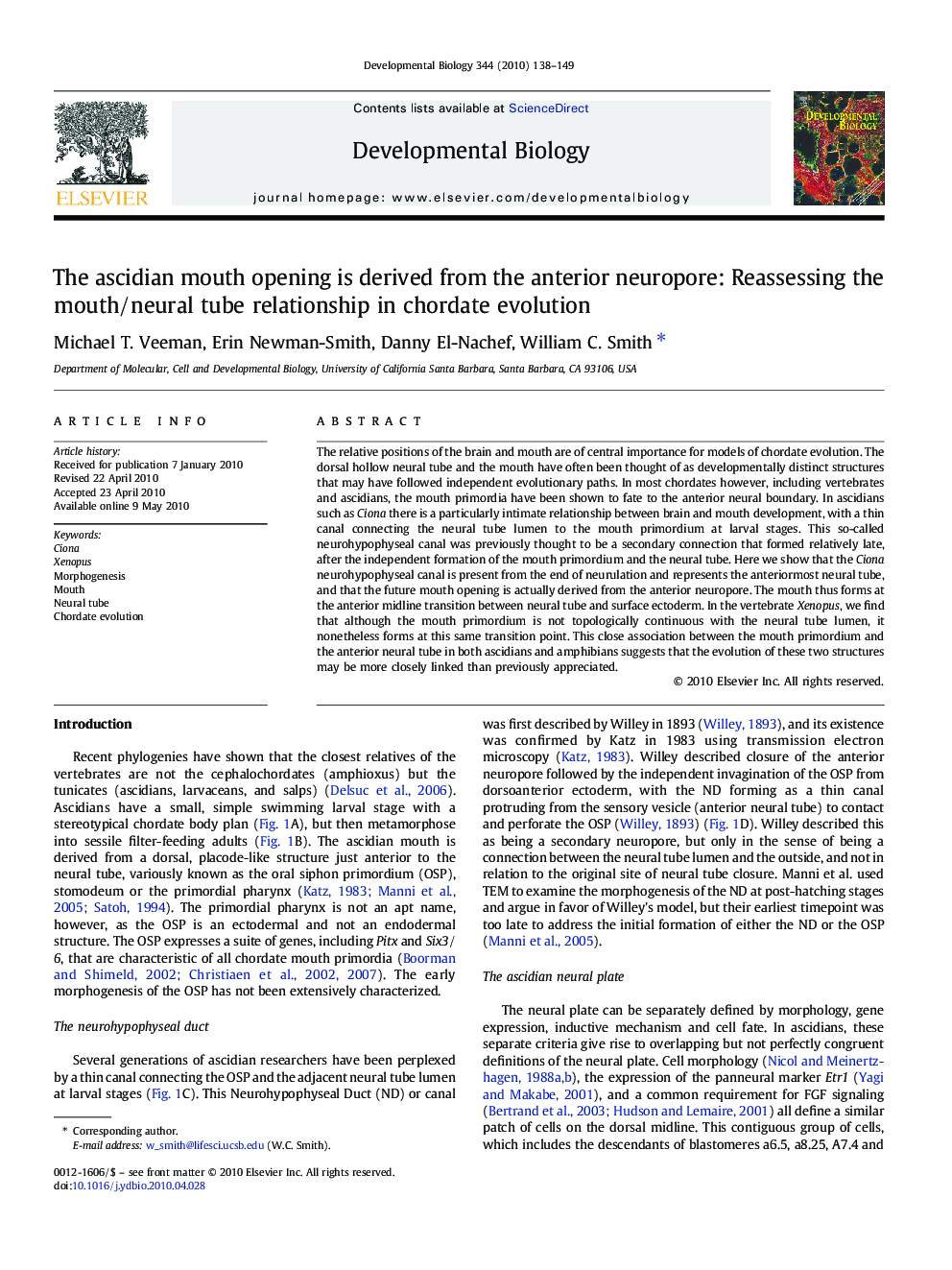 The ascidian mouth opening is derived from the anterior neuropore: Reassessing the mouth/neural tube relationship in chordate evolution