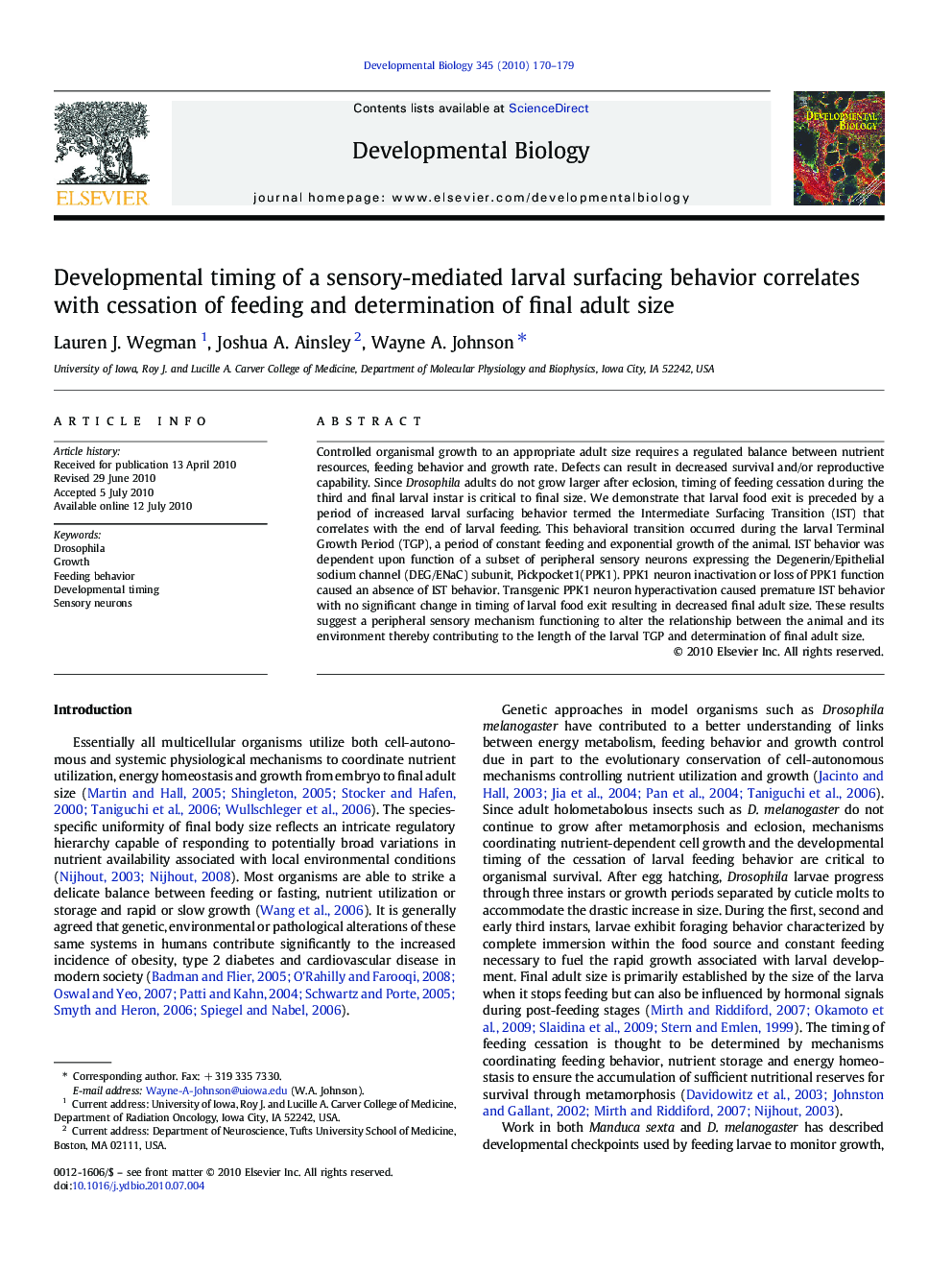 Developmental timing of a sensory-mediated larval surfacing behavior correlates with cessation of feeding and determination of final adult size