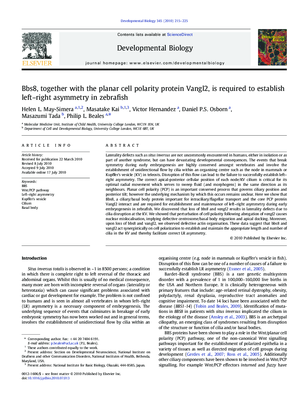 Bbs8, together with the planar cell polarity protein Vangl2, is required to establish left-right asymmetry in zebrafish