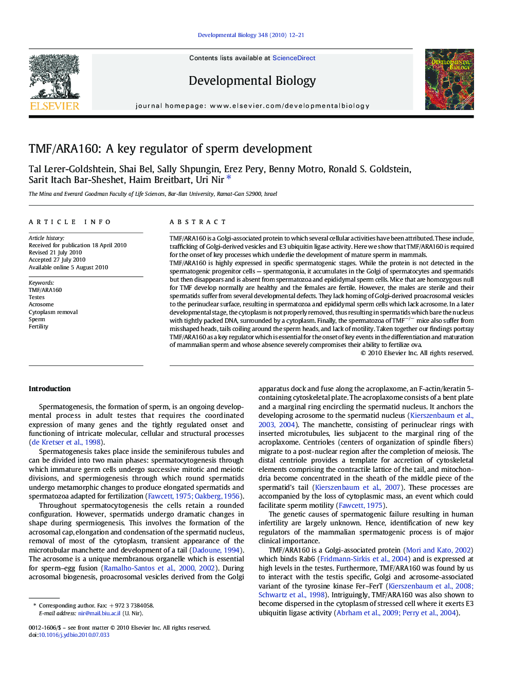 TMF/ARA160: A key regulator of sperm development