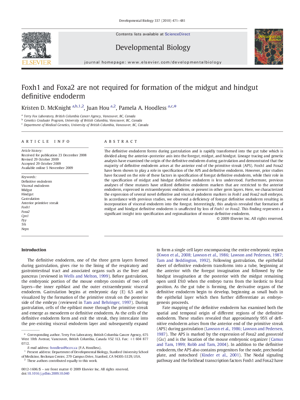 Foxh1 and Foxa2 are not required for formation of the midgut and hindgut definitive endoderm