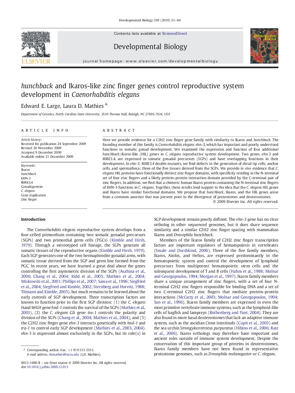 hunchback and Ikaros-like zinc finger genes control reproductive system development in Caenorhabditis elegans