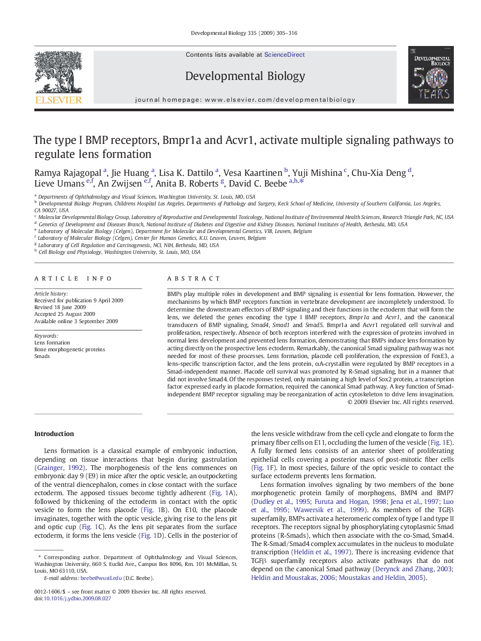 The type I BMP receptors, Bmpr1a and Acvr1, activate multiple signaling pathways to regulate lens formation