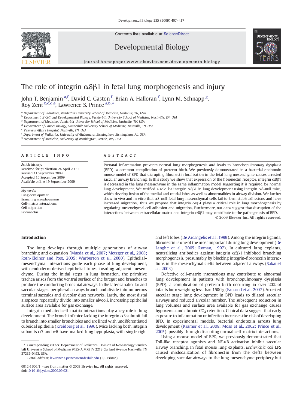 The role of integrin Î±8Î²1 in fetal lung morphogenesis and injury