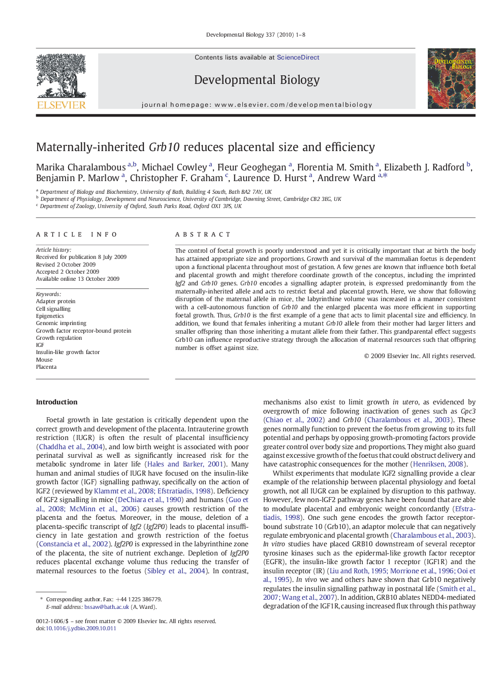 عکس صفحه اول مقاله: Maternally-inherited Grb10 reduces placental size and efficiency Maternally-inherited Grb10 reduces placental size and efficiency