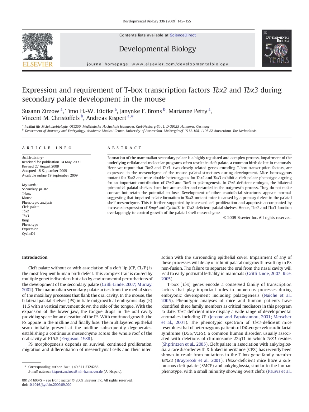 Expression and requirement of T-box transcription factors Tbx2 and Tbx3 during secondary palate development in the mouse