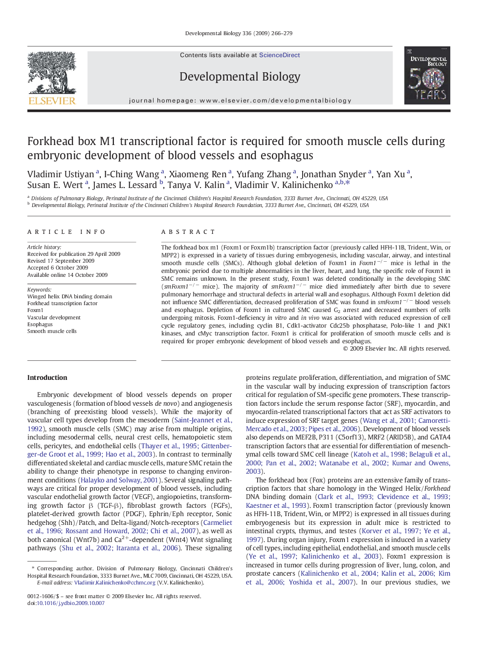 Forkhead box M1 transcriptional factor is required for smooth muscle cells during embryonic development of blood vessels and esophagus