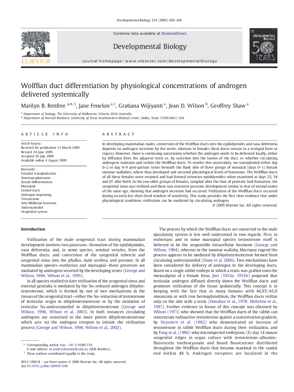 Wolffian duct differentiation by physiological concentrations of androgen delivered systemically