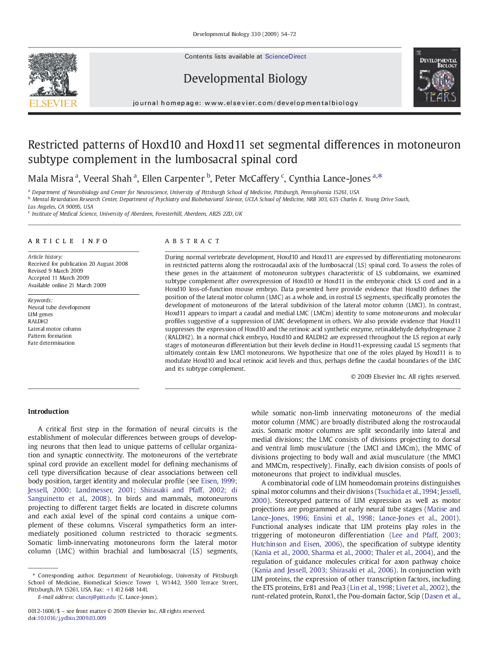 Restricted patterns of Hoxd10 and Hoxd11 set segmental differences in motoneuron subtype complement in the lumbosacral spinal cord