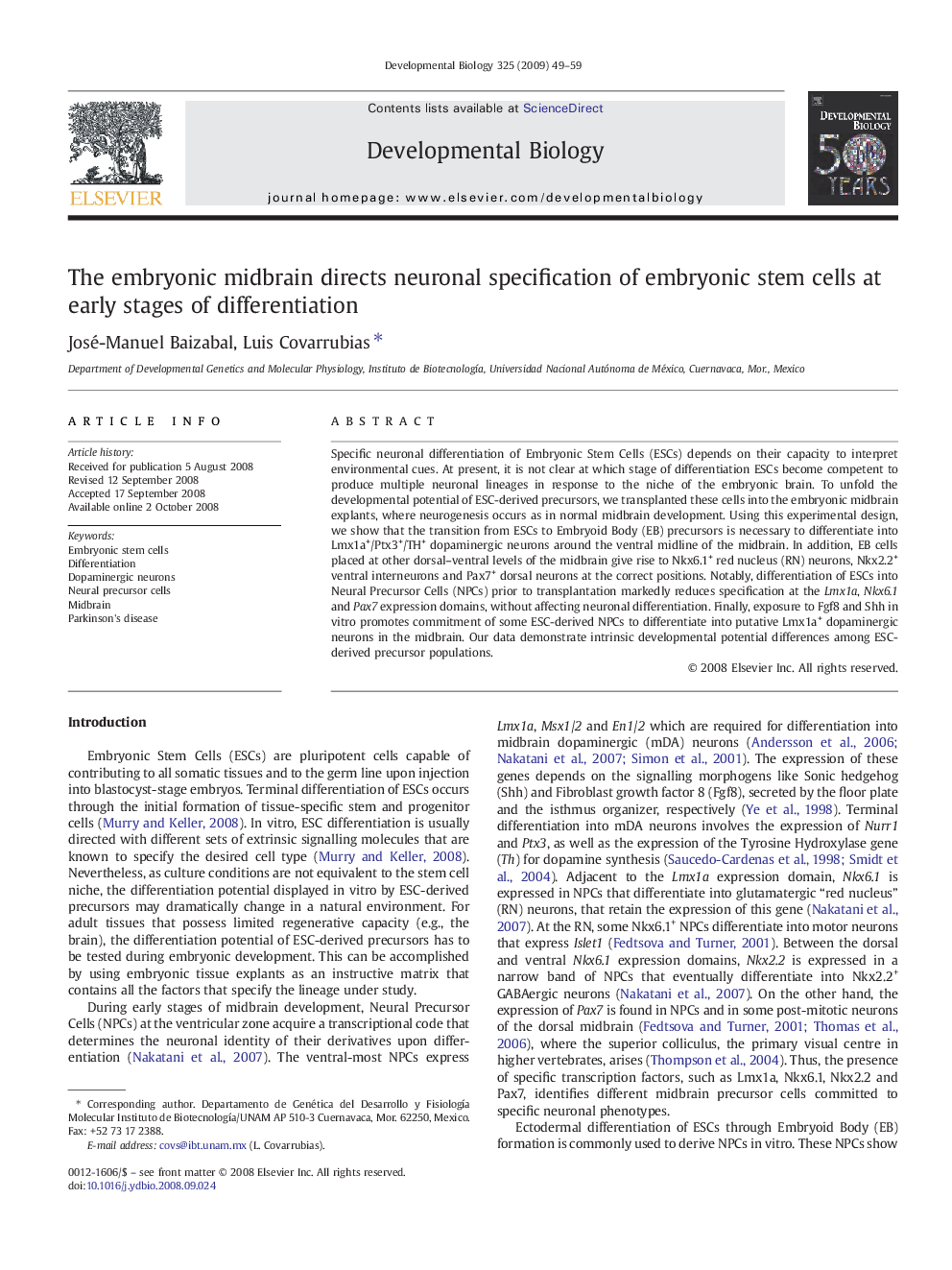 The embryonic midbrain directs neuronal specification of embryonic stem cells at early stages of differentiation