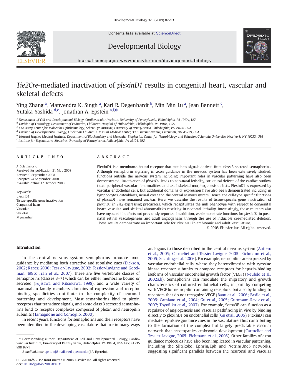 Tie2Cre-mediated inactivation of plexinD1 results in congenital heart, vascular and skeletal defects