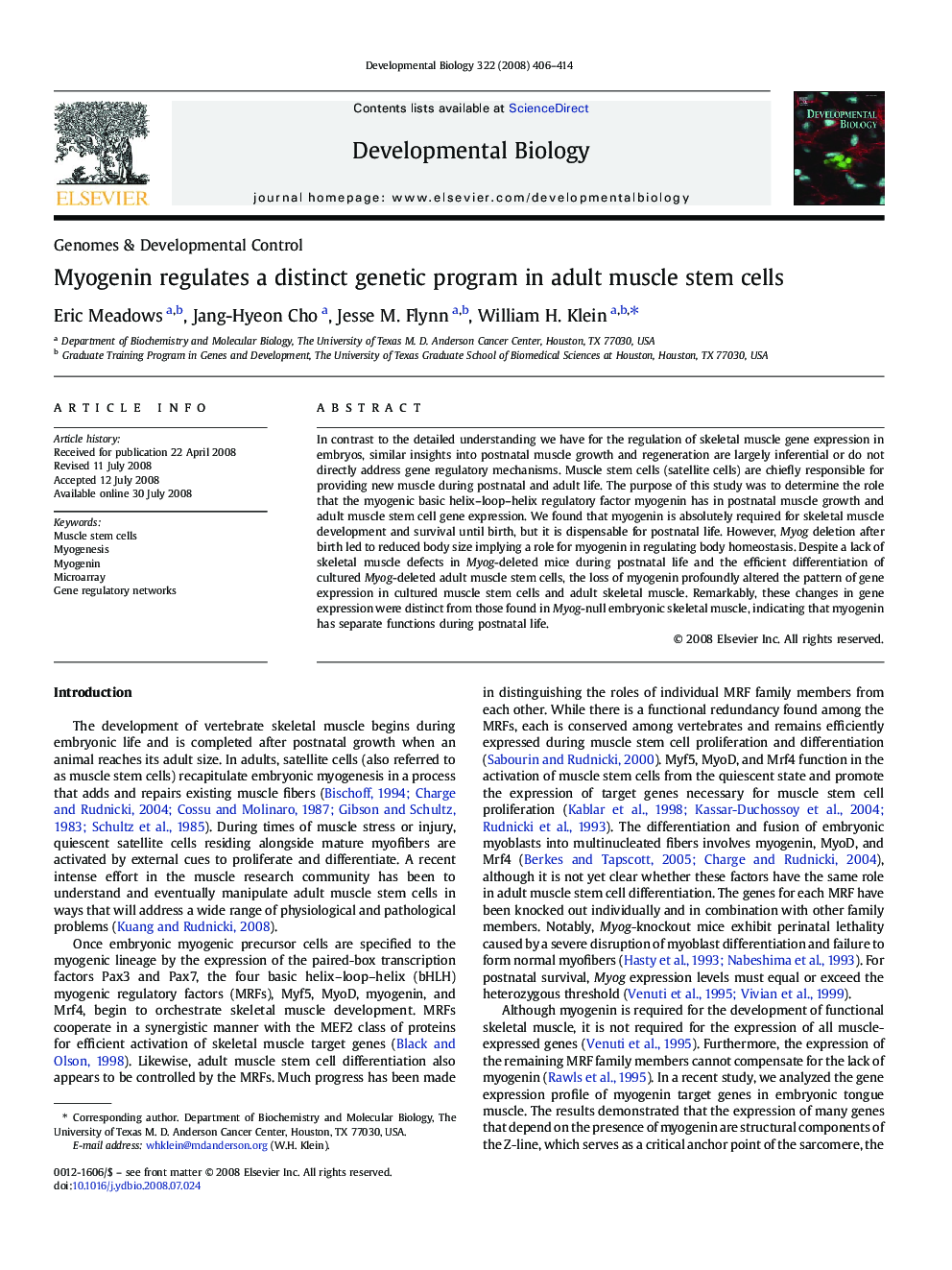 Myogenin regulates a distinct genetic program in adult muscle stem cells