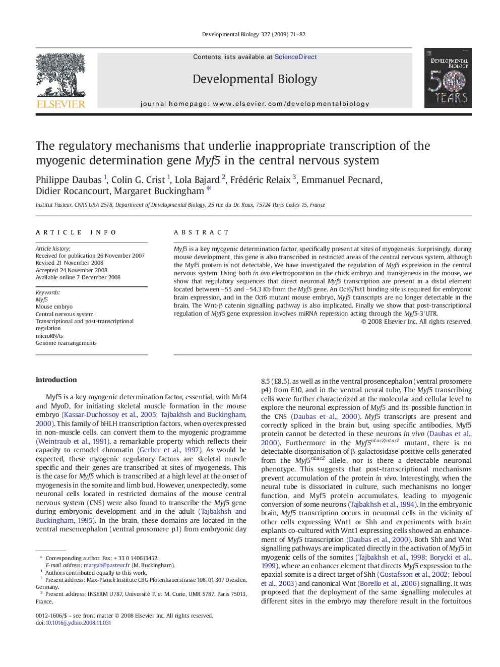 The regulatory mechanisms that underlie inappropriate transcription of the myogenic determination gene Myf5 in the central nervous system