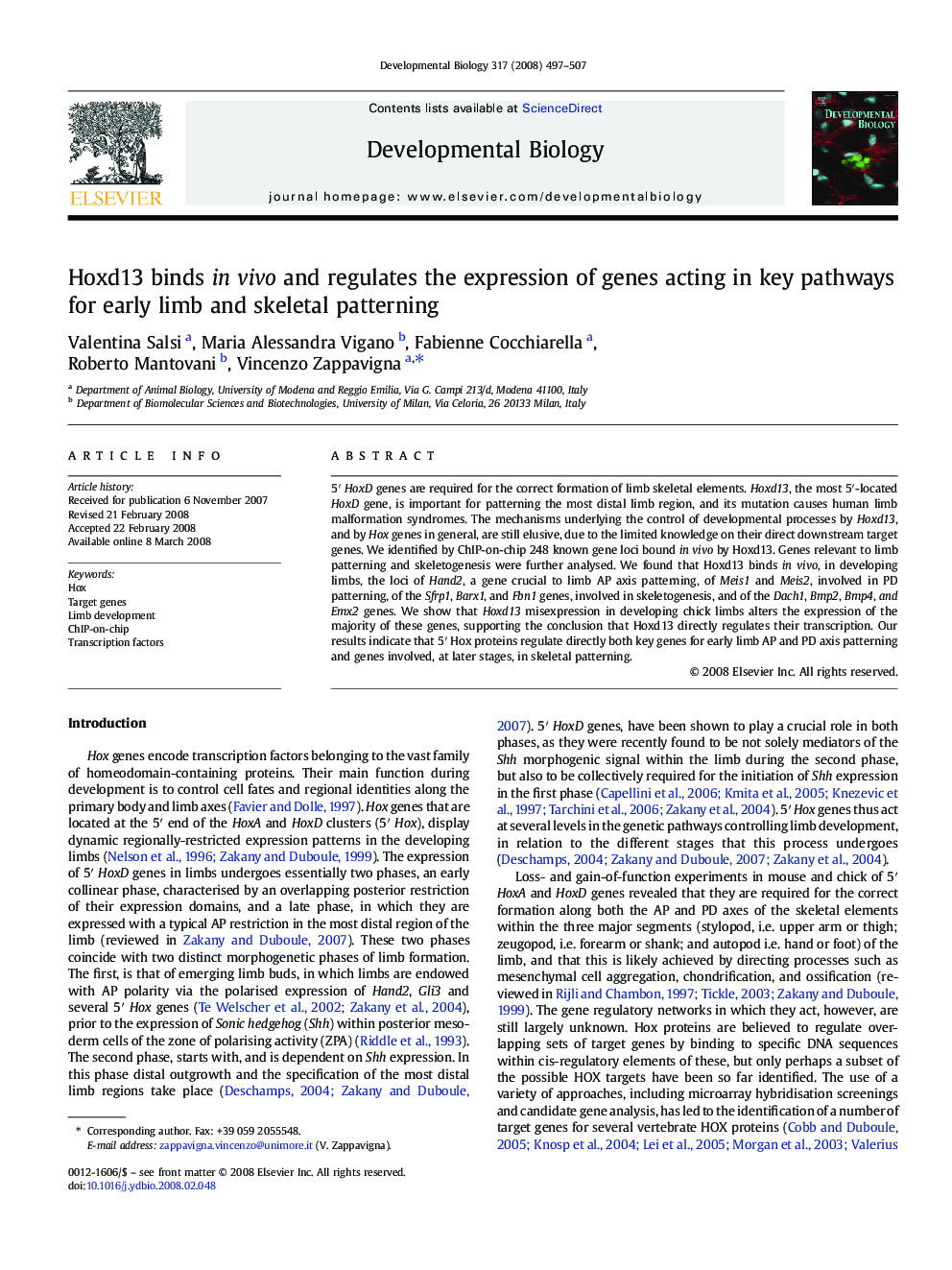 Hoxd13 binds invivo and regulates the expression of genes acting in key pathways for early limb and skeletal patterning