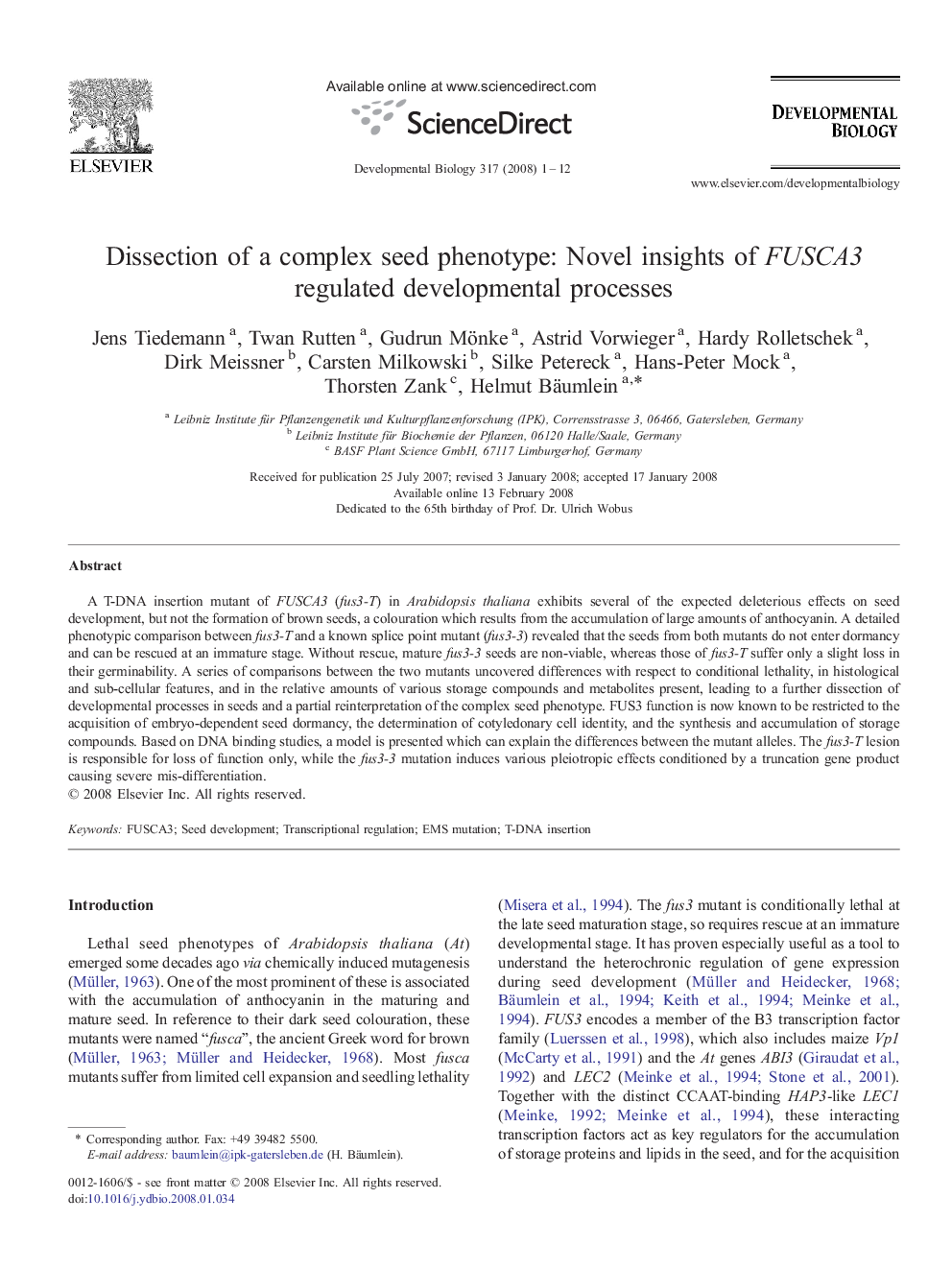 Dissection of a complex seed phenotype: Novel insights of FUSCA3 regulated developmental processes