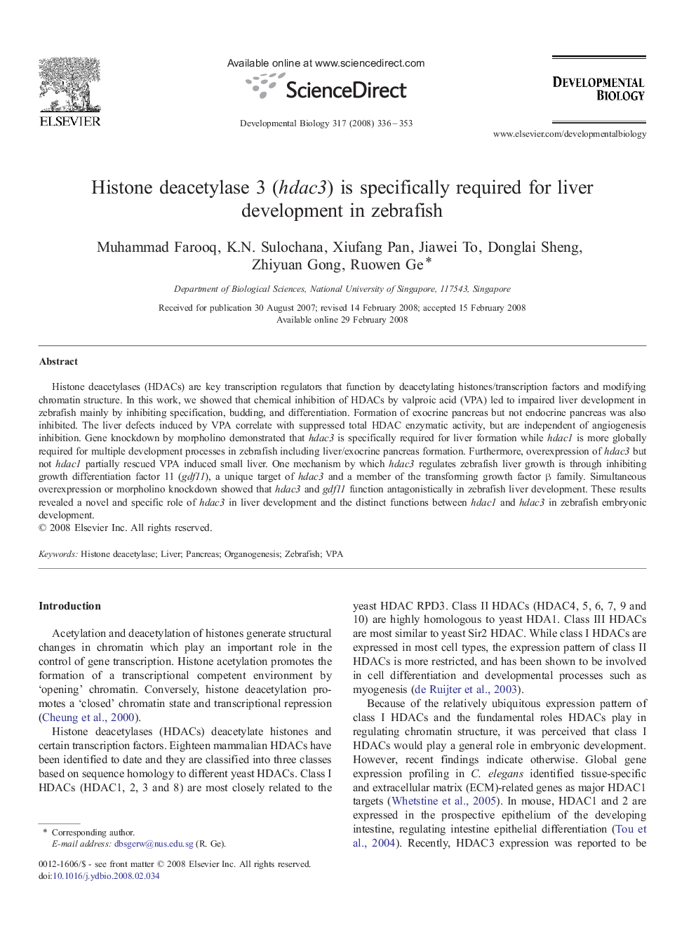 Histone deacetylase 3 (hdac3) is specifically required for liver development in zebrafish