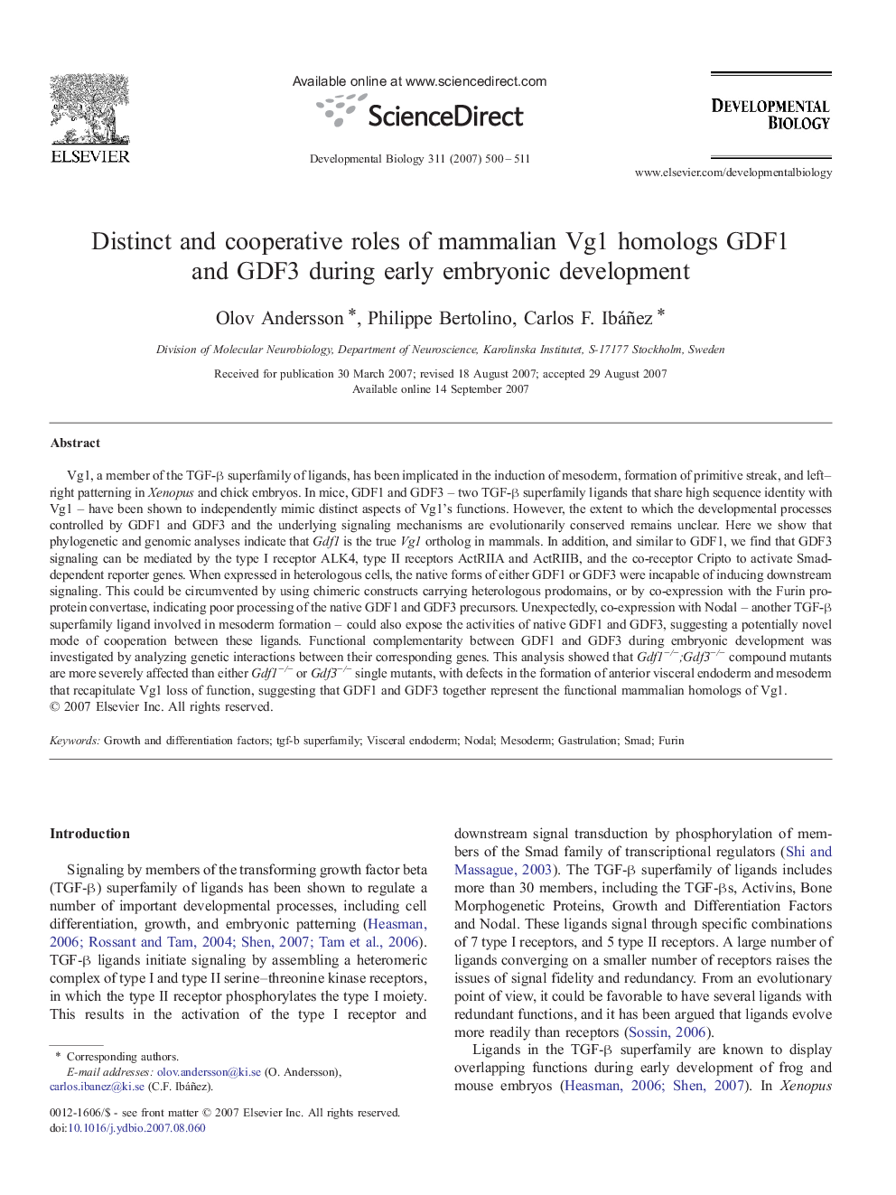 Distinct and cooperative roles of mammalian Vg1 homologs GDF1 and GDF3 during early embryonic development