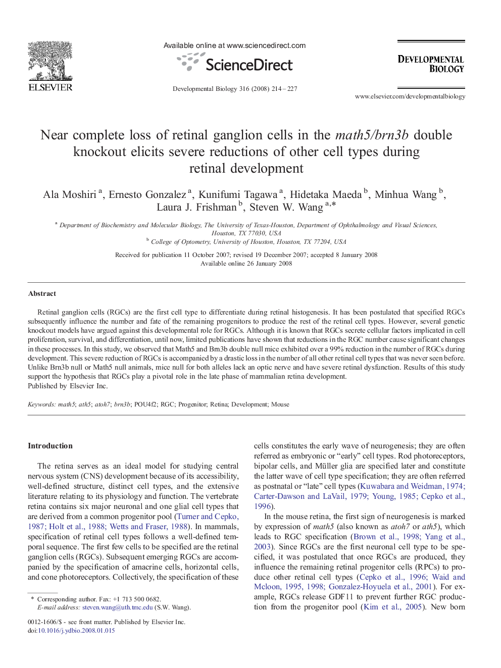 Near complete loss of retinal ganglion cells in the math5/brn3b double knockout elicits severe reductions of other cell types during retinal development