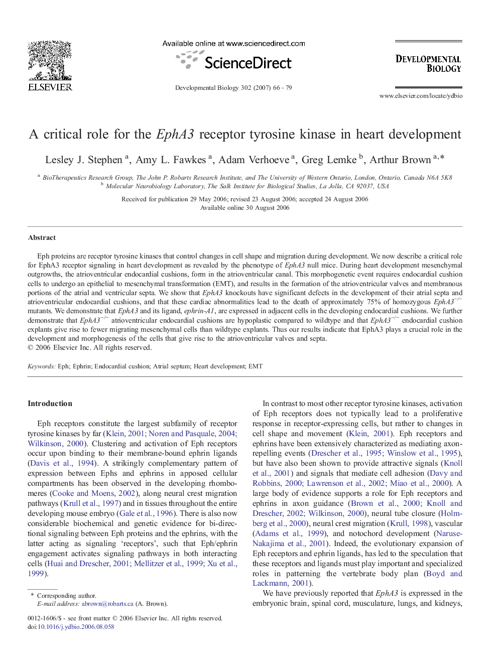 A critical role for the EphA3 receptor tyrosine kinase in heart development